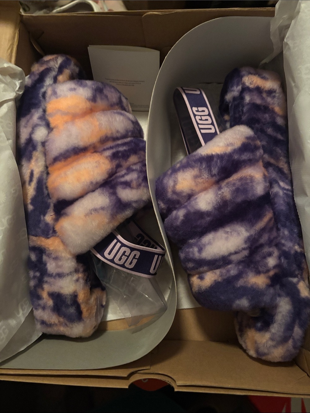 UGG Plush Tie-Dye Fluff Slides in Purple and Peach